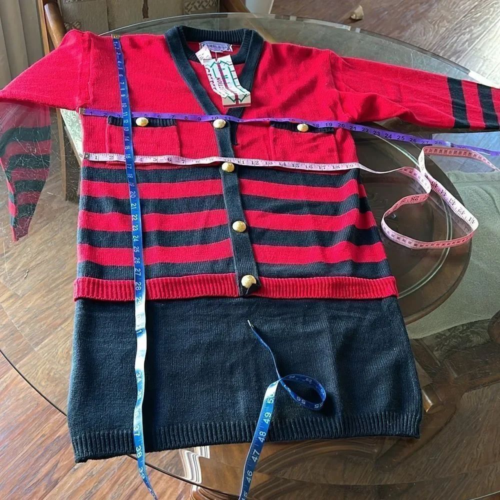 AMilano Collection Red Black Cardigan Sweater Dress Sz Large Long Sleeve Stripes - Picture 10 of 10